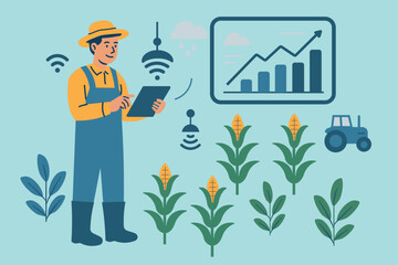 A farmer uses a tablet to manage crops with smart irrigation and connectivity, showcasing modern agricultural technology, data driven growth, and efficiency in farming.
