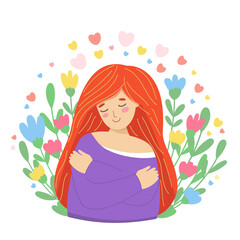 Embracing self-love – a woman in harmony with herself, with flowers and hearts symbolizing kindness and emotional wellness. Ideal for wellness, body positivity, and mindfulness themes.