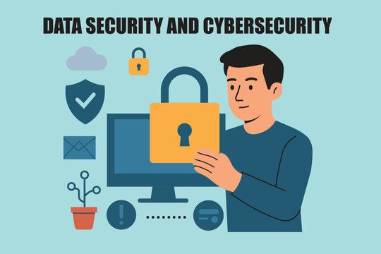 A man secures a large padlock in front of a computer monitor, surrounded by icons representing data security, cloud protection, secure messaging, and digital safety in a modern context.