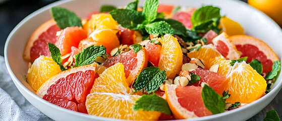 Fresh Citrus Salad with Mint and Almonds in a White Bowl