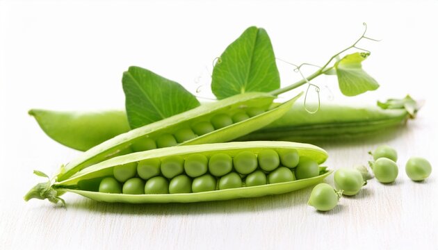 fresh green peas in pod with leaves
