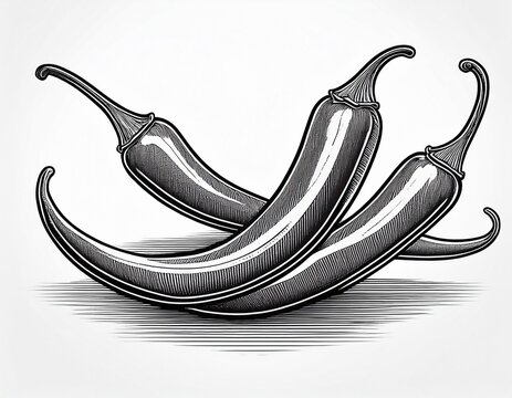black and white engraving of two chili peppers on a white background