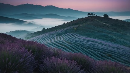 Serene lavender fields blanket rolling hills under a soft purple dawn sky