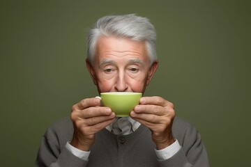 Elderly man with gray hair drinking from a green bowl, wearing a brown sweater, with steam rising on a muted green background - Powered by Adobe