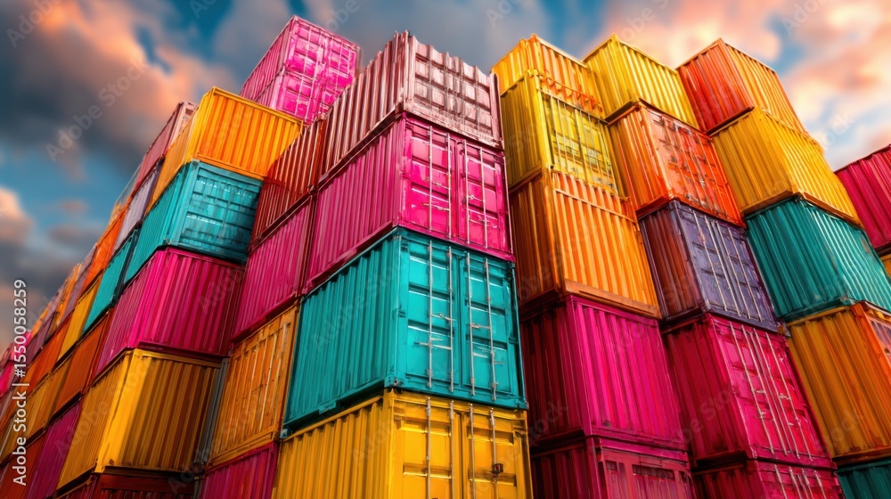 Poster vibrant shipping containers in various colors are stacked high against a backdrop of dramatic clouds