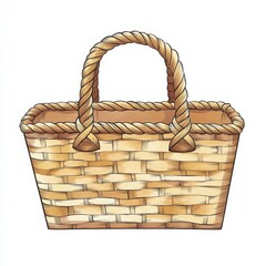 Illustration of a woven picnic basket with a handle on a white background