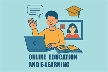 Student participates in e-learning with a laptop and video lesson, highlighting the benefits of online education and virtual classroom experiences.