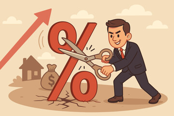 Businessman cutting percentage sign with scissors. Financial concept of reducing interest rates, fighting inflation, lowering mortgage loan debt, tax cut, and business cost reduction.