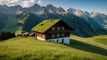 Obraz premium Mountain hut on steep green hill. Green meadows, like velvet, at a steep hill with a mountain hut. A characteristic alpine scenery in the Austrian Alps at summer