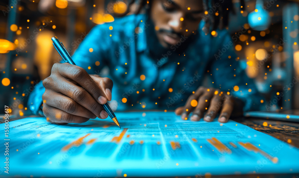 Poster focused person analyzing and annotating financial documents with pen on illuminated data charts in m