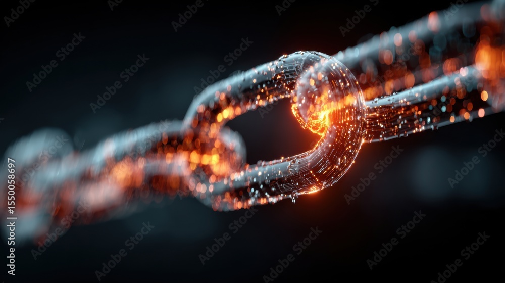 Poster a detailed 3d representation of a glowing chain, showcasing intricate connections and lights, emphas