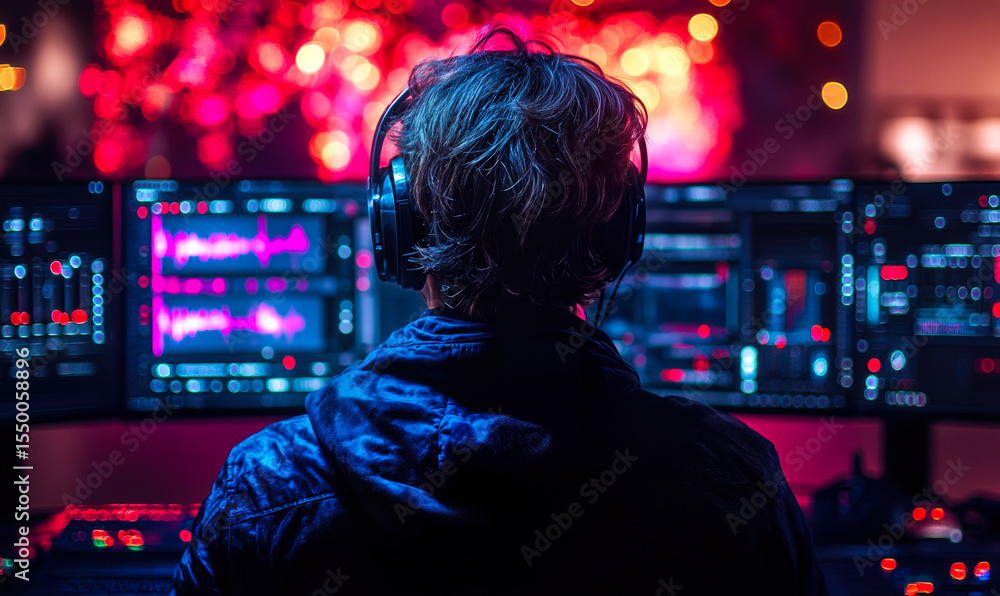 Poster person wearing headphones working at multi screen computer setup with colorful digital audio editing