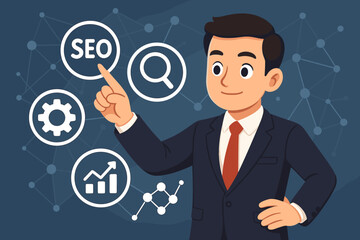 Businessman interacting with SEO icons on a virtual interface. Digital marketing strategy concept for search engine optimization, data analysis, online promotion, and traffic growth.