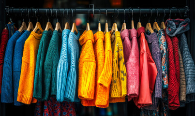 Colorful knitted sweaters and jackets hanging on wooden hangers on a clothing rack in a retail store display of winter fashion apparel collection
