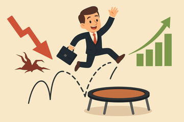Businessman jumping on a trampoline to bounce back from economic crisis. Metaphor for financial recovery, resilience, opportunity, turning failure into success and profit growth.