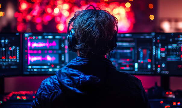 Person wearing headphones working at multi screen computer setup with colorful digital audio editing software studio environment