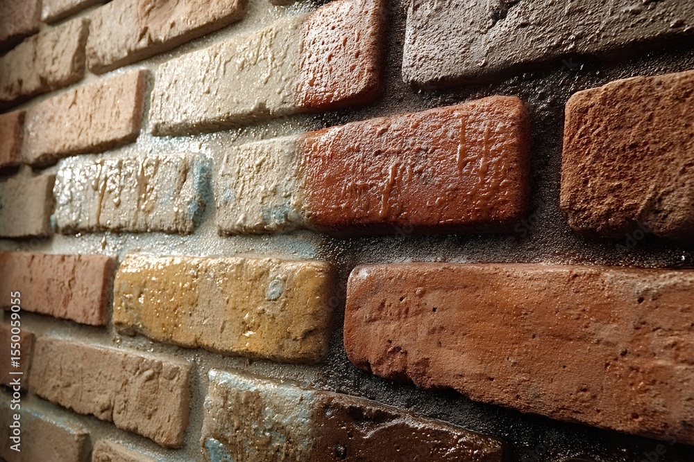 Poster water flowing down a multicolored brick wall, creating a textured background with varying shades of 