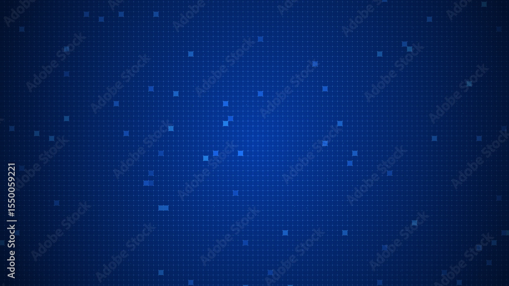 Poster futuristic blue digital grid background with scattered glowing squares, ideal for tech presentations