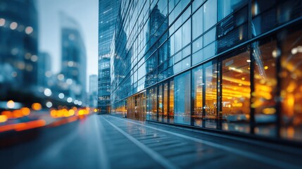 Obraz premium Bright city lights illuminate a sleek building facade on a bustling street. The reflections in glass create a lively urban atmosphere as evening settles.