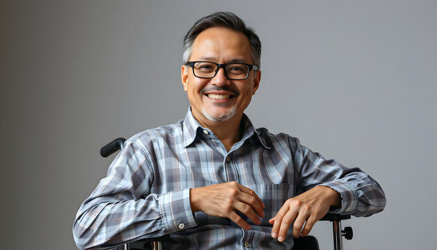 Smiling elderly man in wheelchair with a friendly expression on a neutral background - Powered by Adobe
