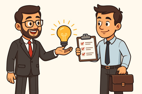 Cartoon business teamwork concept, businessman sharing creative idea lightbulb, colleague holding checklist clipboard, briefcase, collaboration, task delegation, office workflow, vector illustration