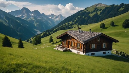 Obraz premium Mountain hut on steep green hill. Green meadows, like velvet, at a steep hill with a mountain hut. A characteristic alpine scenery in the Austrian Alps at summer