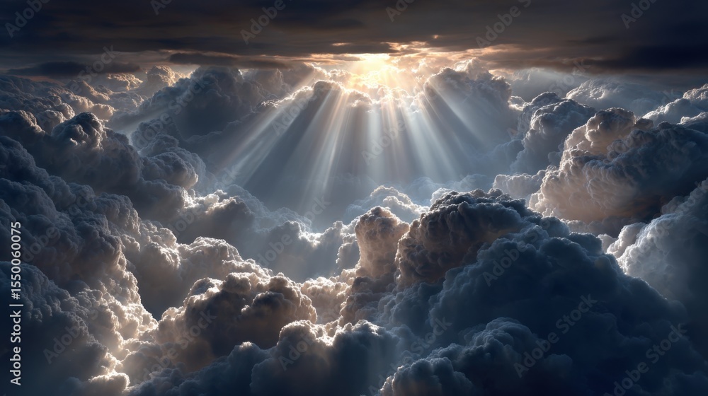 Aufkleber sunlight cascades through towering storm clouds just after dawn, illuminating the sky with dramatic 