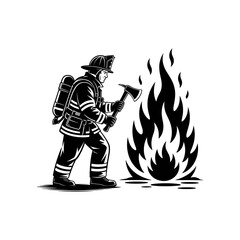 Firefighter's Resolve: A determined firefighter stands before a roaring blaze with unwavering resolve, brandishing an axe as a symbol of courage and readiness. The scene speaks of dedication. 