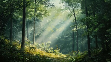 Obraz premium Sunlight streams through a lush forest path