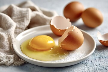 Raw egg yolk and cracked eggshells are sitting on a white plate, ready for cooking, with whole brown eggs and a linen napkin in the background