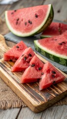 Sliced Watermelon on Rustic Wooden Board – Summer Fruit Top View with Natural Texture.