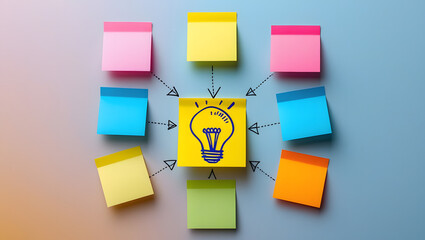 Sticky Note Mind Map with Lightbulb Icon. Creative Strategy and Ideation Concept