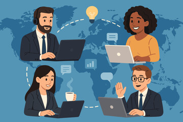 Global Remote Business Team Collaboration Online Across World Map. Virtual International Meeting, Diverse Professionals, Digital Communication, Teleconference, Networking, Vector Illustration