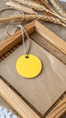 Yellow Round Tag Mockup on Kraft Paper with Wooden Square – Minimal Branding Scene.