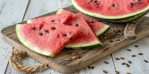 Sliced Watermelon on Rustic Wooden Board – Summer Fruit Top View with Natural Texture.