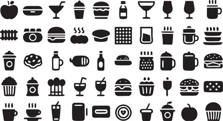 Vector set of kitchen and cooking icons, including utensils, food, and drink symbols like spoons, cups, and wine bottles