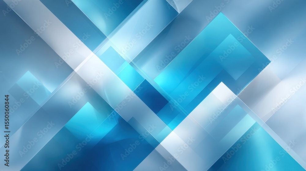 Poster geometric shapes in various shades of blue overlap and intersect, forming an engaging abstract compo
