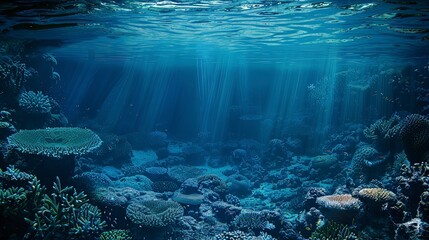 close up of a tropical ocean, underwater life, panoramic view of coral blue ocean inside