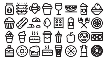 Hand-drawn vector doodle set of food and drink icons, a collection of cafe and restaurant symbols and illustrations