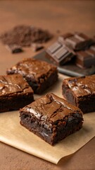 Chocolate Brownies on Brown Background – Decadent Dessert Flat Lay with Warm Tones.