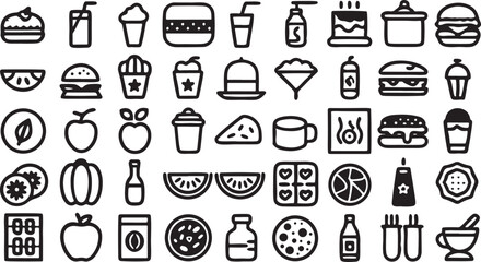 A diverse vector icon collection featuring kitchen tools, food, and drink symbols
