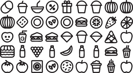 A diverse set of hand-drawn vector food icons, featuring doodle illustrations of cake, coffee, and various other culinary symbols
