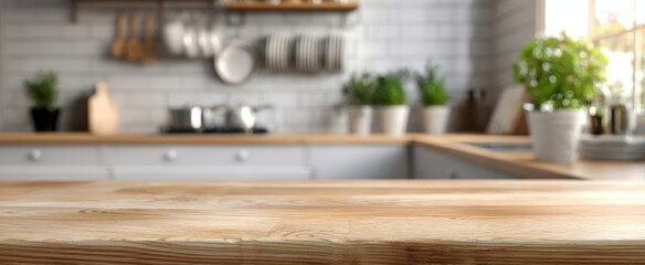 The inviting wooden countertop in a bright, modern kitchen setting.