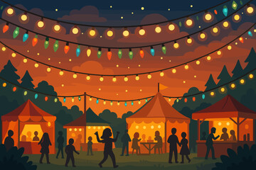 Vibrant Outdoor Festival at Night with Tents, Colorful String Lights, Crowds, Carnival Atmosphere, Summer Evening Celebration in Park, Vector Cartoon Illustration, Family Event, Festive Scene