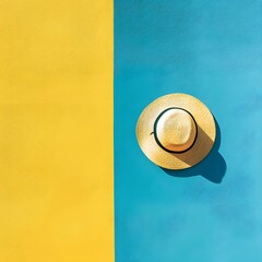 Minimalist summer composition featuring a straw hat casting a shadow on a split yellow and turquoise background.