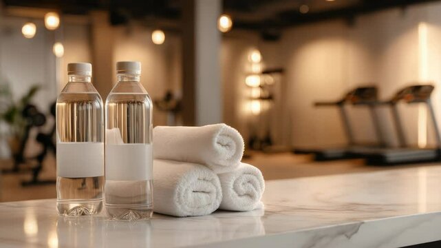 Fresh start: Hydration essentials and rolled towels at a gym, ready for workout