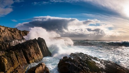 Fototapeta premium dramatic ocean waves crashing through rugged coastal rock formation creating a stunning natural water feature