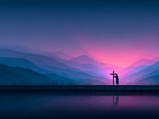 Fototapeta premium Silhouette figure with cross at dawn over mountains