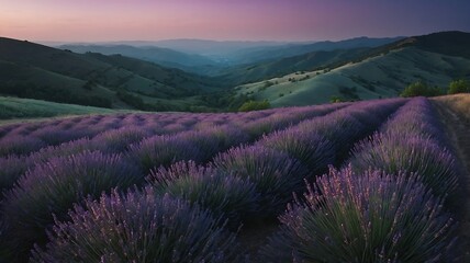 Obraz premium Rolling hills and lavender field at dusk with purple pink sky