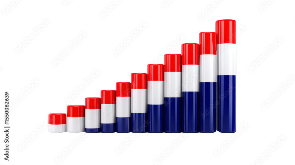 Poster series of cylindrical objects arranged ascending order, each featuring red, white, and blue color sc